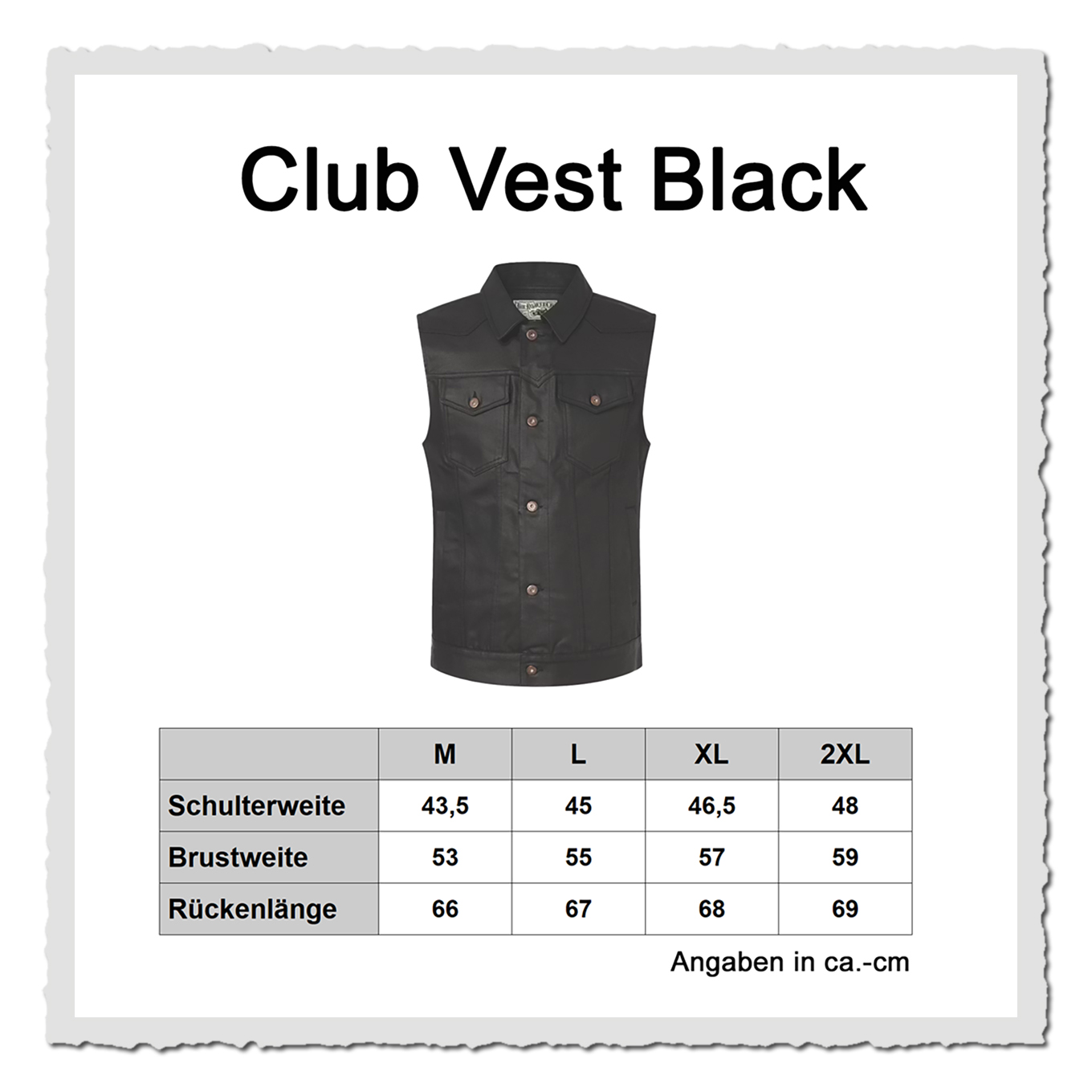 Masstabelle der Club Weste - Größengrafik und freigestellte Weste vor hellem Hintergrund